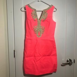 lilly pulitzer neon pink with gold trim mini dress